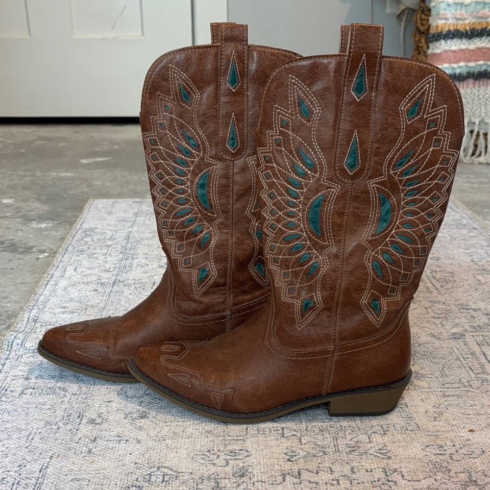 Brown and Teal Heeled Boots